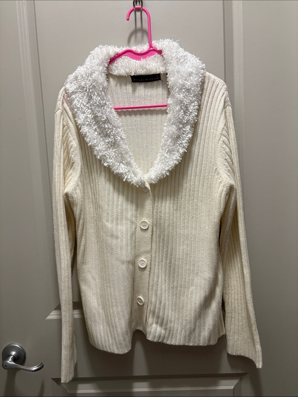 Allison Brittney Ivory Ribbed Cardigan with Fuzzy Shawl Collar